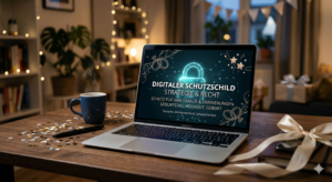 Ein moderner Laptop steht geöffnet auf einem rustikalen Holztisch in einem gemütlich beleuchteten Raum. Auf dem Bildschirm ist eine Grafik zu sehen: Ein leuchtendes, cyanfarbenes Schloss-Symbol im digitalen Netzwerk-Stil mit dem Text „DIGITALER SCHUTZSCHILD – STRATEGIE & RECHT“ und der Unterzeile „Domains, Markenrechte & Cybersicherheit“. Neben dem Laptop liegen eine Kaffeetasse, ein Stift und ein Notizbuch mit Smartphone. Der Hintergrund zeigt ein verschwommenes Wohnzimmer-Ambiente mit Pflanzen und Regalen im warmen Bokeh-Effekt.